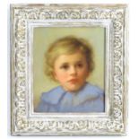 Early 20th century, Oil on canvas, A portrait of a seated young girl wearing a blue collared