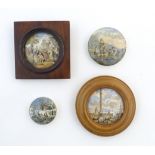 Four Prattware pot lids comprising The Shrimpers, Trafalgar Square, The Village Wedding, and