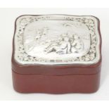 A silver mounted Moroccan leather box, with embossed scene to top, hallmarked London 1983, maker