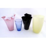 Four assorted glass vases to include one in the manner of Whitefriars. The largest 13" high Please