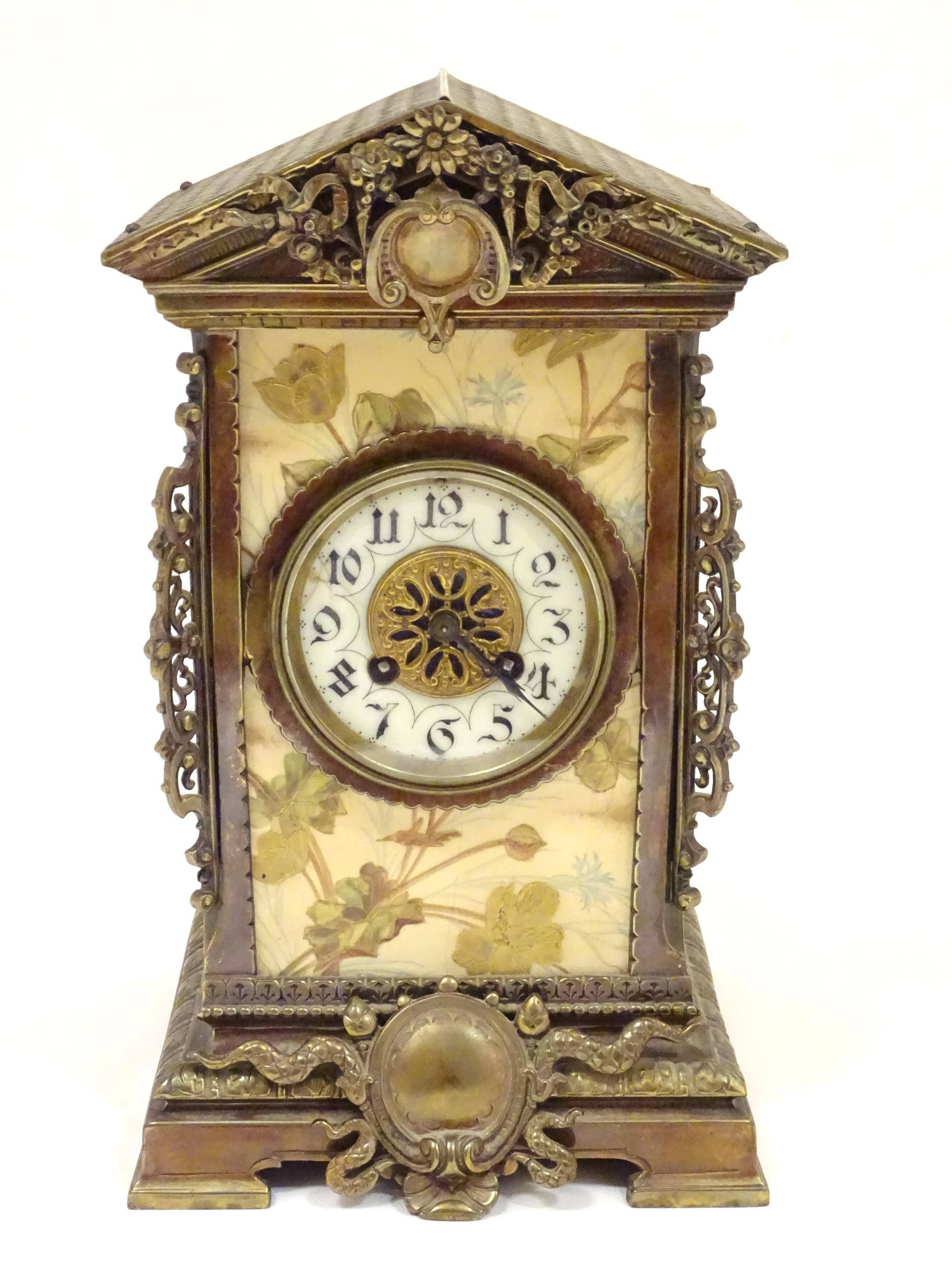 A 19thC brass and porcelain mantle clock, the 8-day French movement stamped F Marti Medaile De - Image 8 of 20