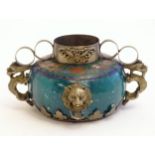 An Oriental censer pot with hardstone body, enamel detail, twin loop handles and decorative animal