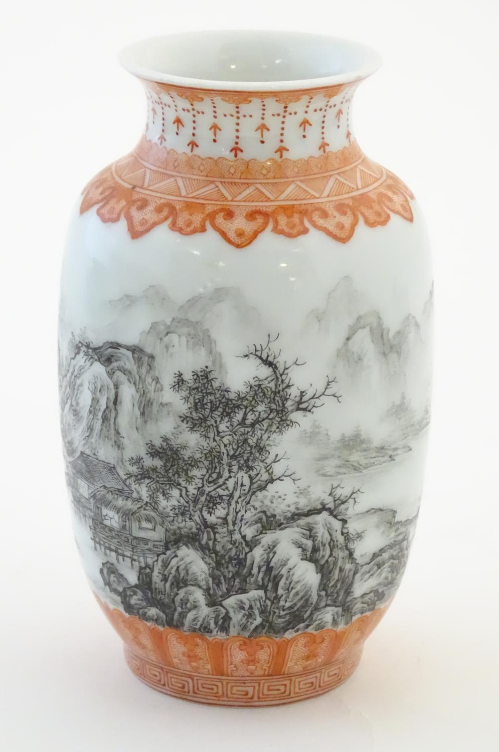 A Chinese small vase with monochrome mountainous landscape detail and orange banded borders. Approx. - Image 3 of 6