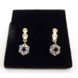 A pair of 9ct gold sapphire and diamond floral cluster drop earrings. Approx 1/2" long Please Note -
