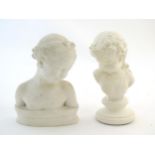 Two 20thC Continental cast busts, one depicting a young girl with a ribbon in her hair, the other