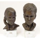 Two 20thC bronze portrait busts depicting two children, a girl and a boy. Signed Sue Lamb and