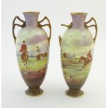 Two Royal Doulton vases decorated with hand painted hunting scenes with figures on horseback and