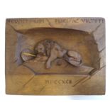 A 20thC Continental carved wooden wall plaque depicting The Lion of Lucerne, after Bertel