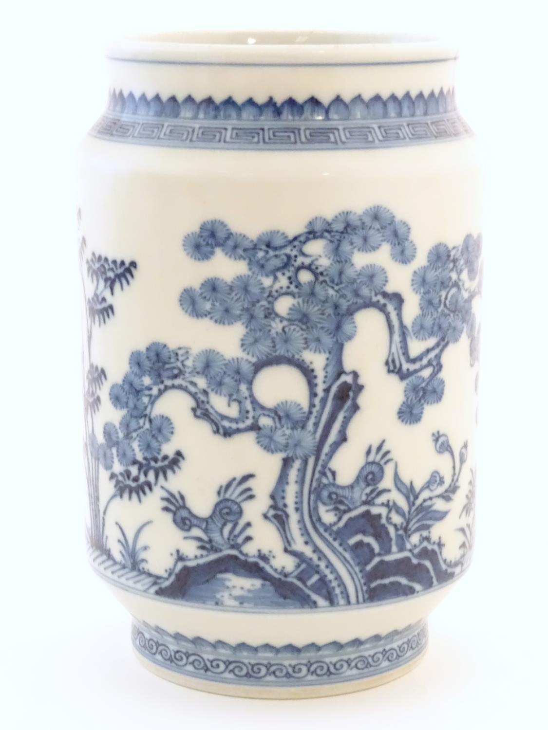 A Chinese blue and white vase of cylindrical form with garden terrace with trees and blossom - Image 13 of 14