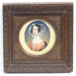 A 19thC watercolour and gouache portrait miniature depicting a young lady wearing a bonnet with