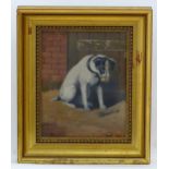 J. W. M., 20th century, Oil on board, A portrait of a bridled terrier dog looking at a bone.
