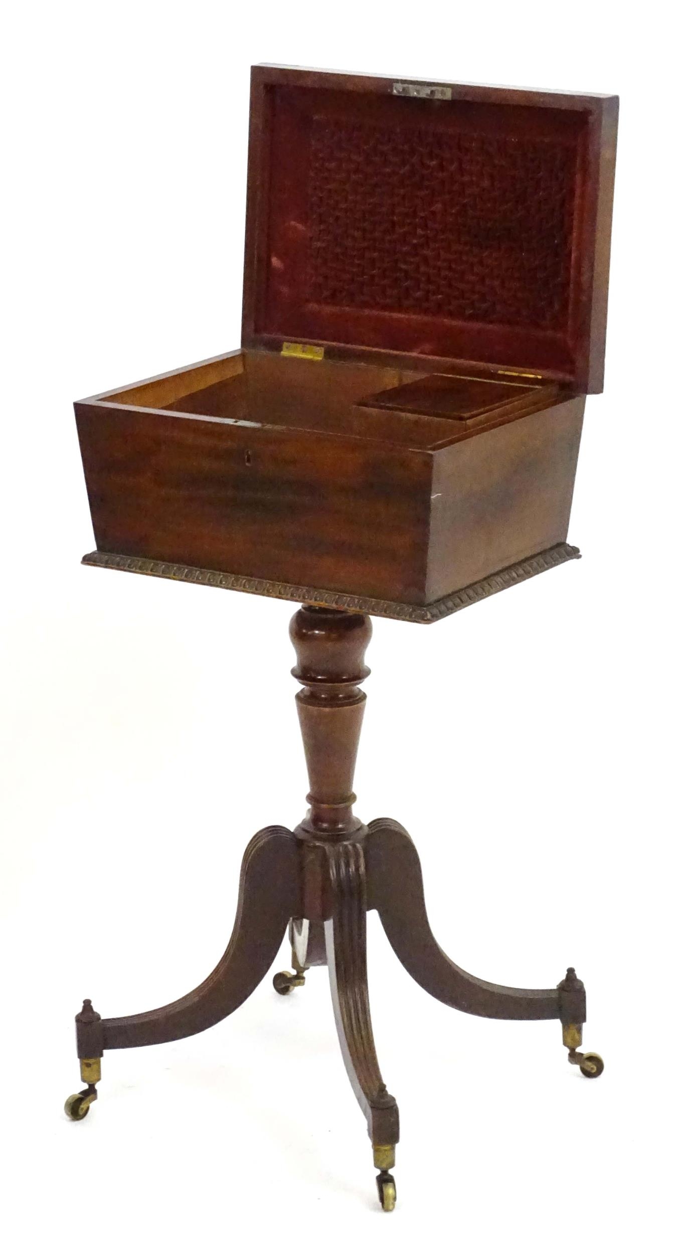 A Regency mahogany teapoy with a carved handle and sarcophagus shaped top, egg and dart mouldings - Image 3 of 6