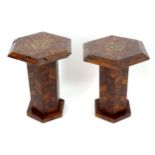 A pair of early 20thC hexagonal topped tables with mother of pearl inlay to the top and standing