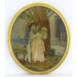 A 19thC silkwork embroidery The Sailor's Farewell, depicting a young couple with a spinning wheel