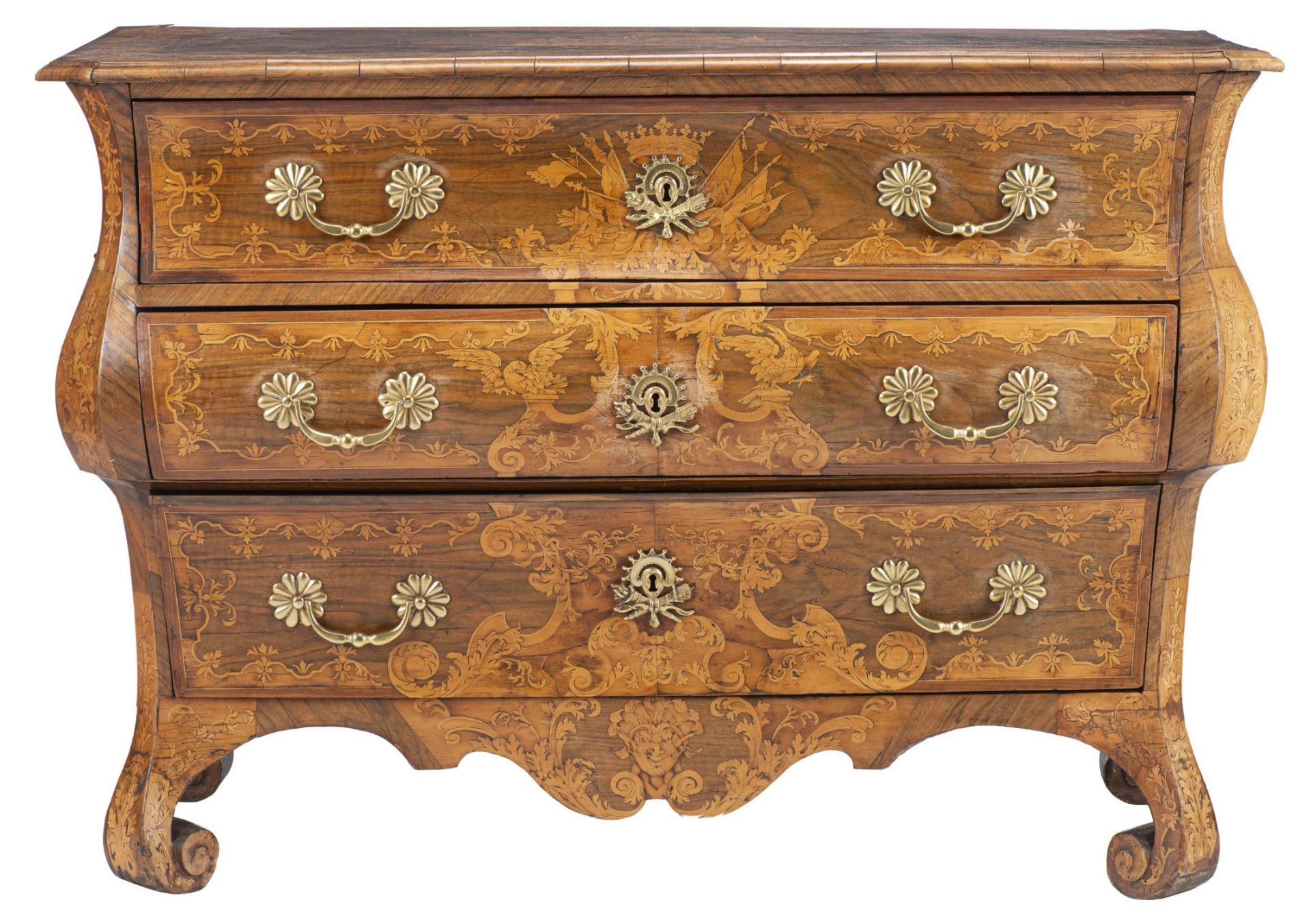 Commode (tombeau) baroque bombée hollandaise marquetée toutes faces