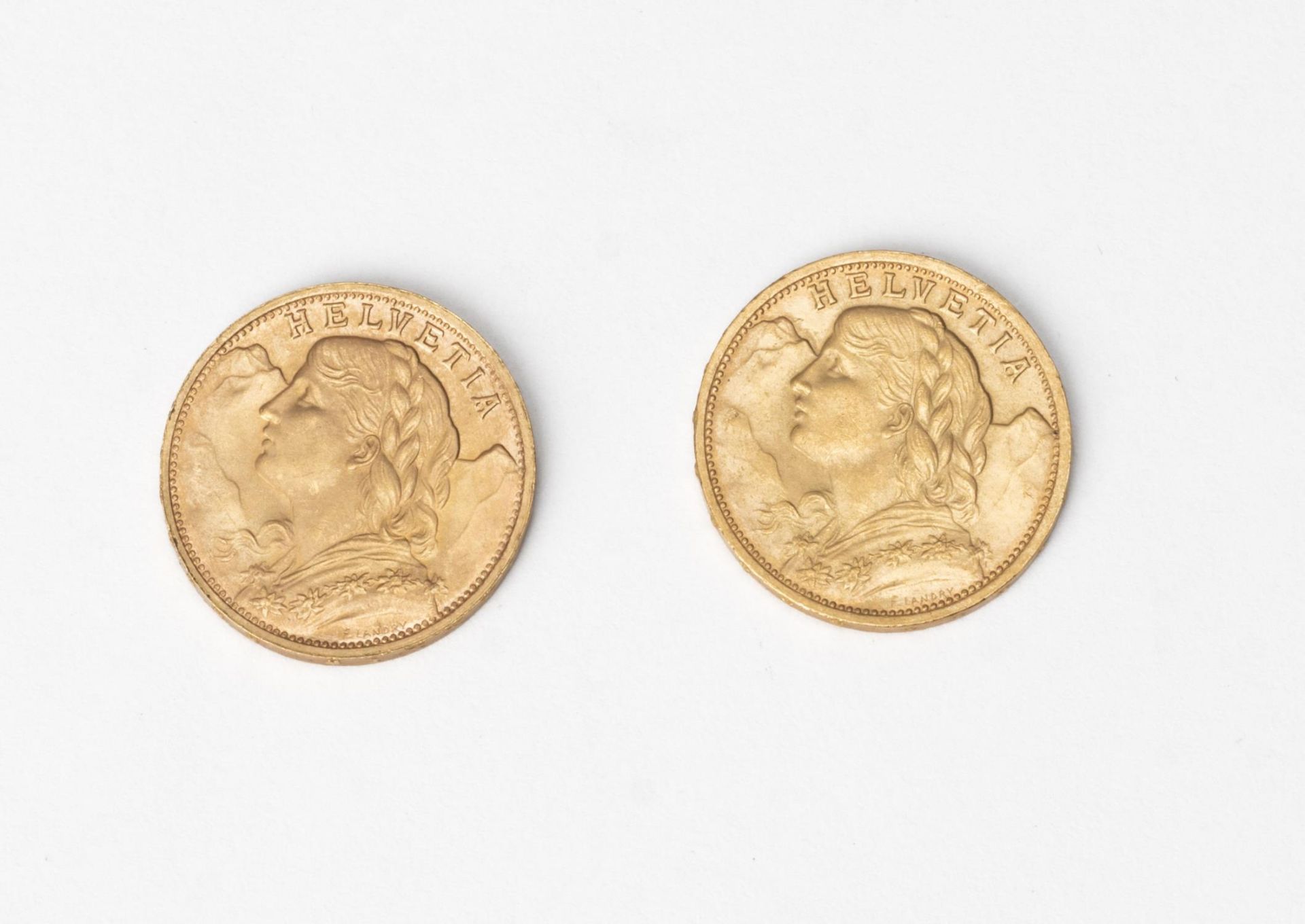 Deux Vreneli de 20 Francs or Tête d'Helvetia, 1929 et 1947...