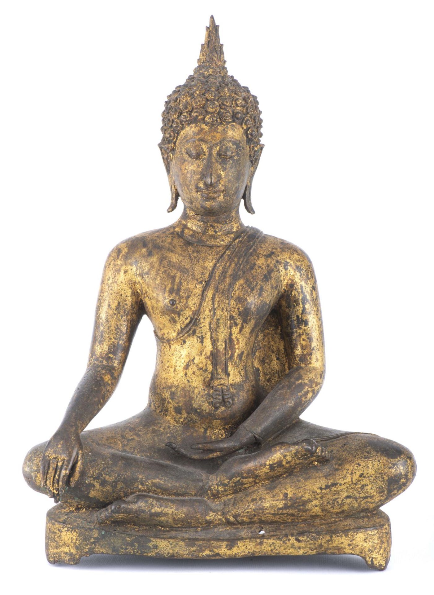 THAILANDE Bouddha de style Ayuttaya en bronze &amp;agrave; patine verte et or, XIV-XVIe...