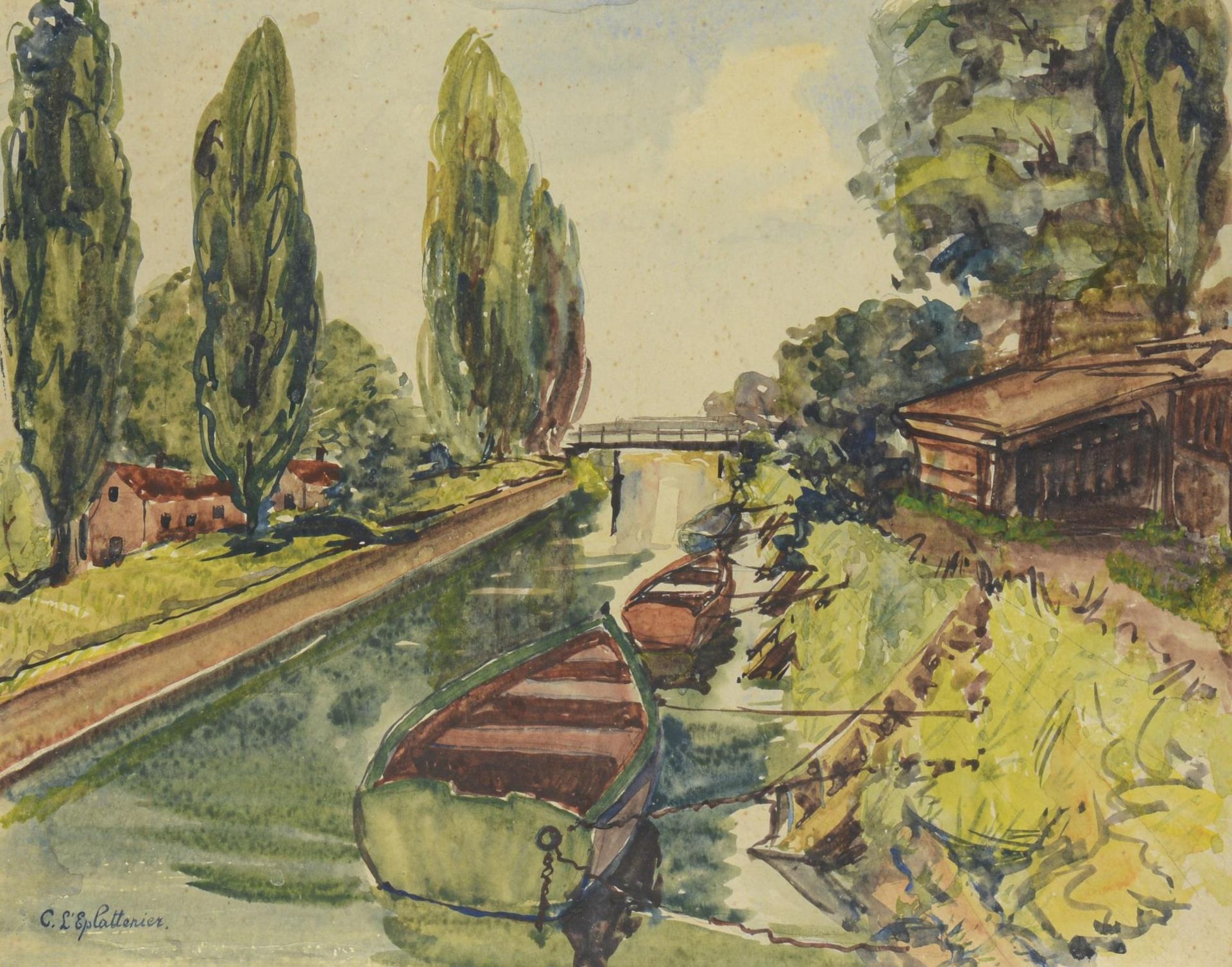 Charles L'ÉPLATTENIER (1874-1946), "Vue d'un canal" Aquarelle sur papier...