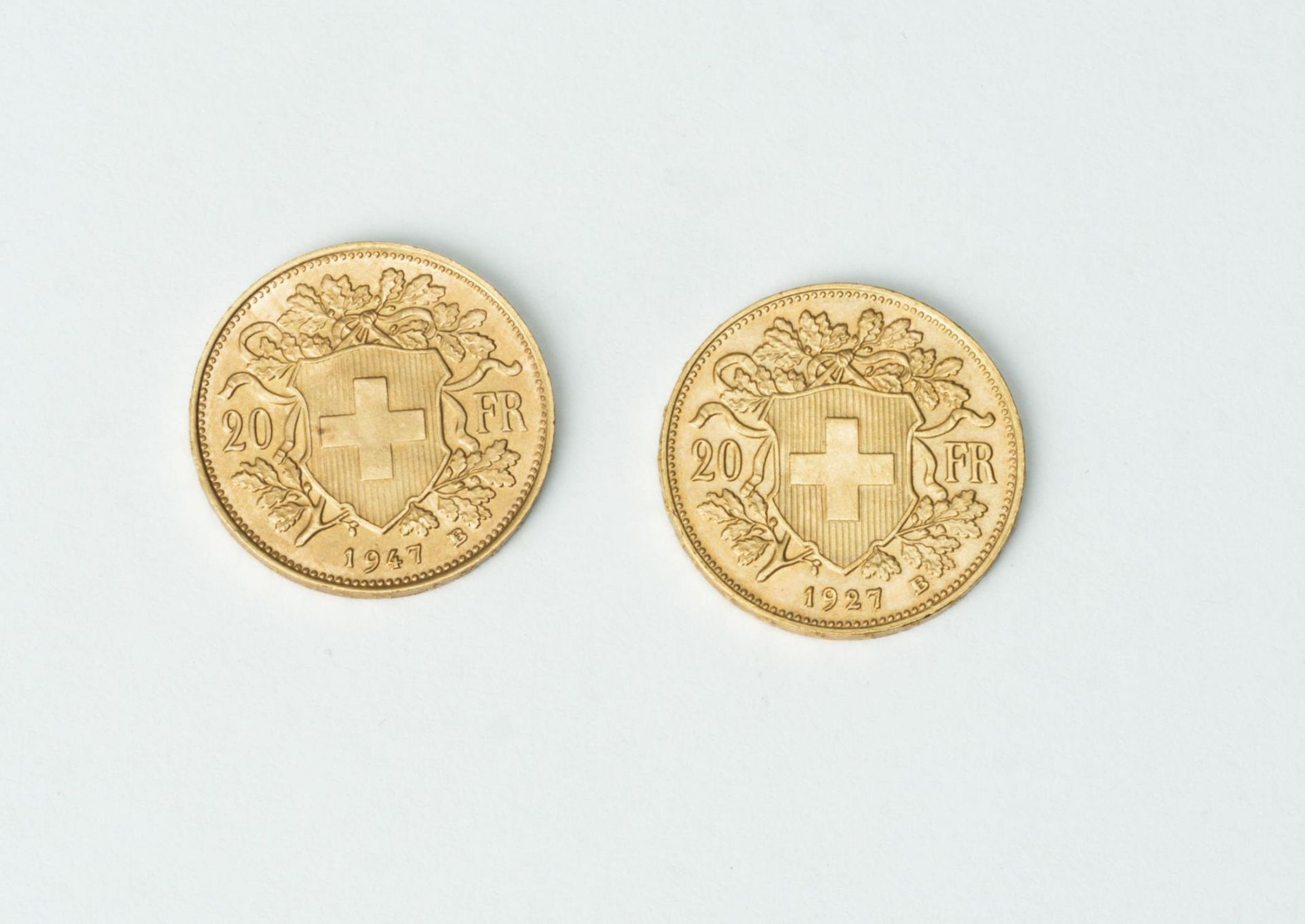 Deux Vreneli de 20 Francs or Tête d'Helvetia, 1929 et 1947... - Image 2 of 2