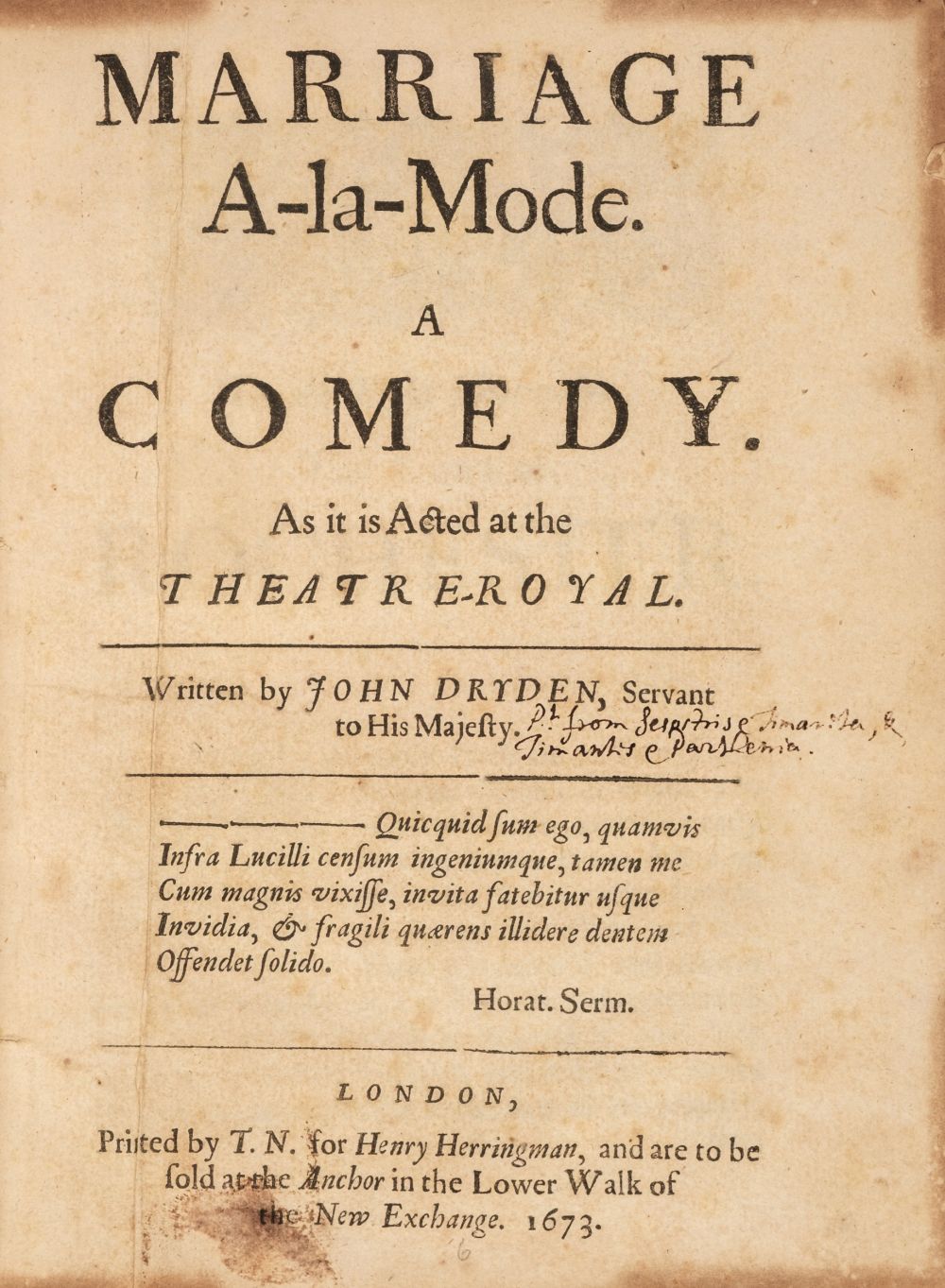 Dryden (John). Marriage a-la-Mode. A Comedy. As it is Acted at the Theatre-Royal