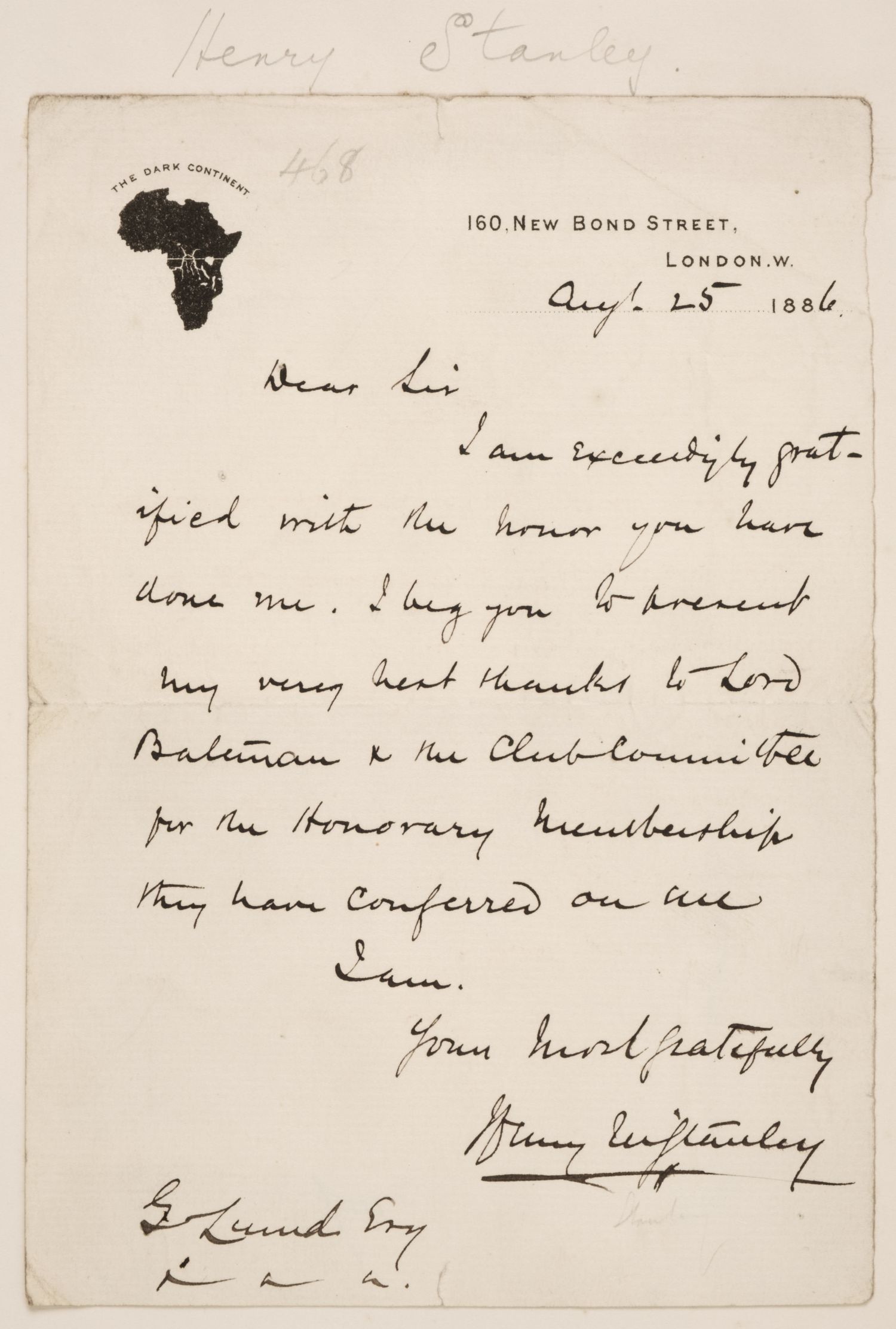 * Stanley (Henry Morton, 1841-1904). Autograph letter signed, 'Henry M. Stanley', 25 August 1886