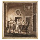 * French School. Travellers arriving outside a hostelry at night, 1777