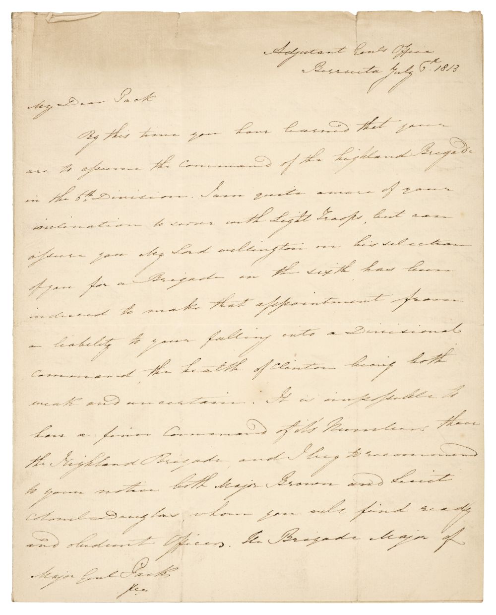 * Pakenham (Edward, 1778-1815). Autograph letter signed to Denis Pack, 1813