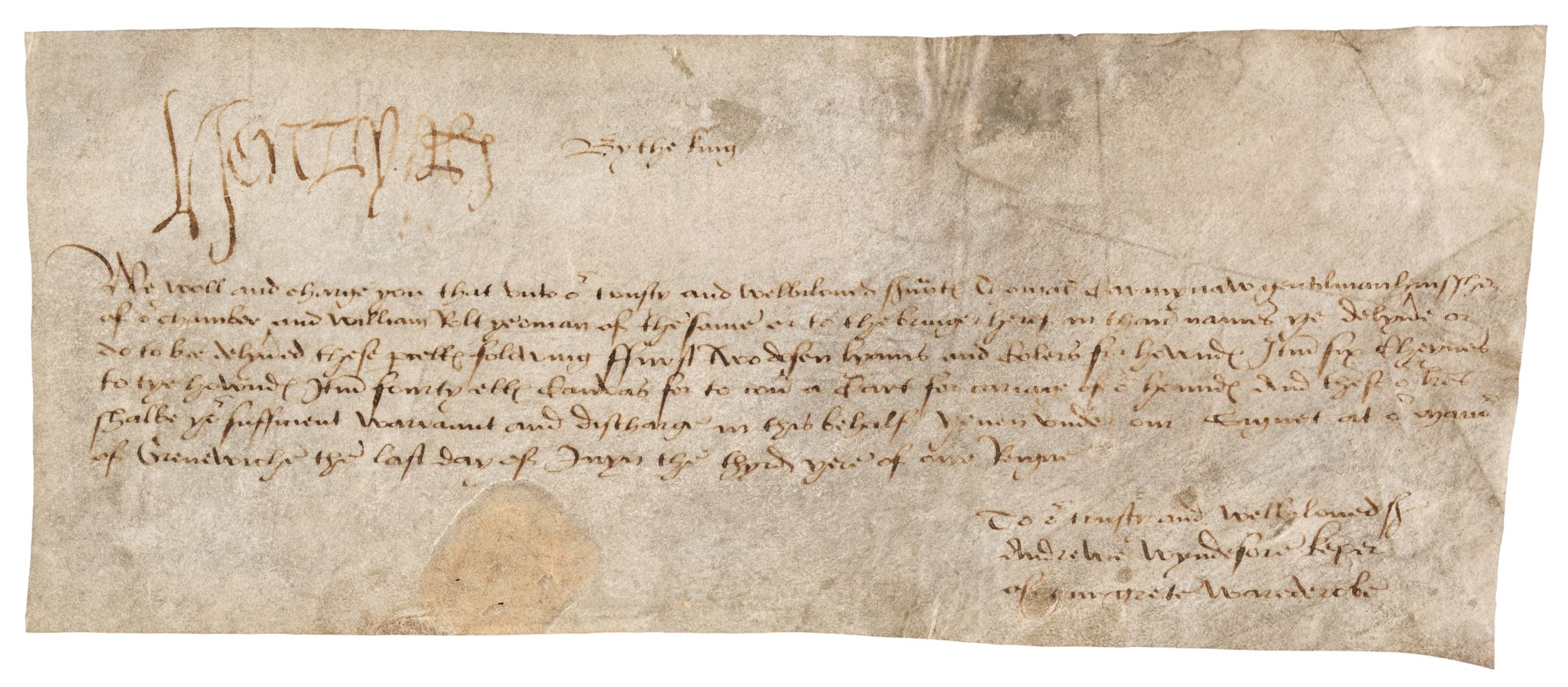 * Henry VIII (1491-1547). Document Signed, 'Henry R', Greenwich, [1511],