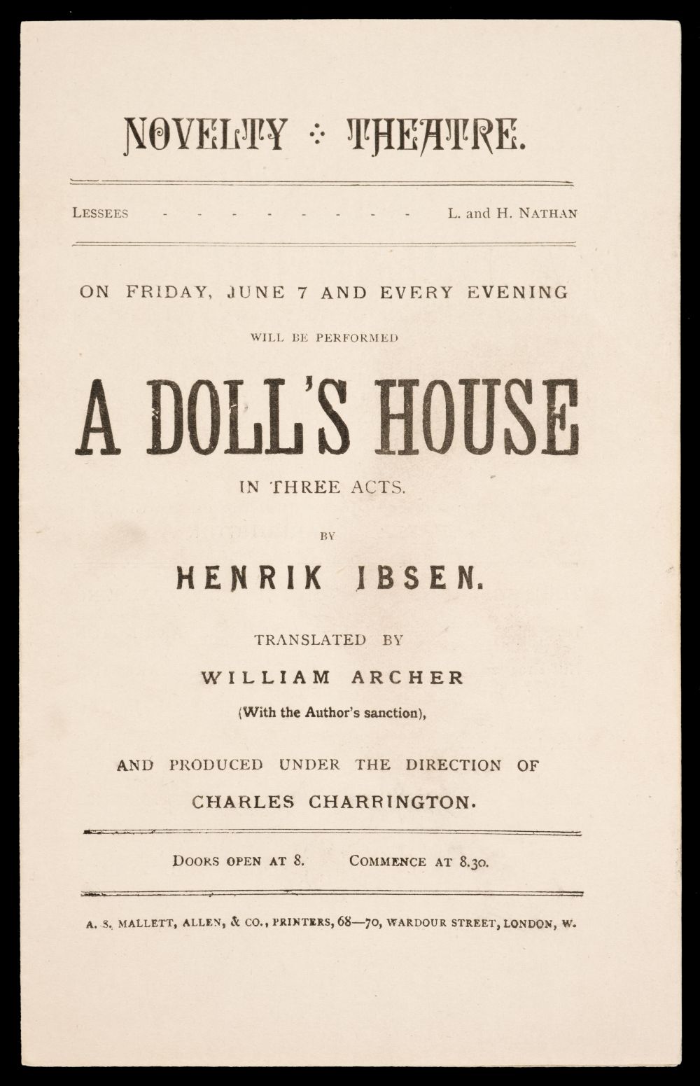 Ibsen (Henrik). A Doll's House, translated by William Archer... , [1889], and others