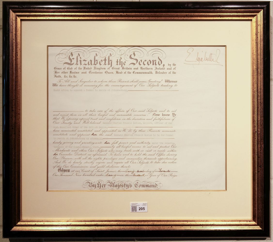 * Elizabeth II (1926- ). Document Signed, 'Elizabeth R', St James's, 22 November 1970