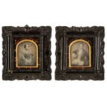 * Daguerreotypes. A pair of hand-tinted daguerreotypes of a seated young woman and young man, c. 186