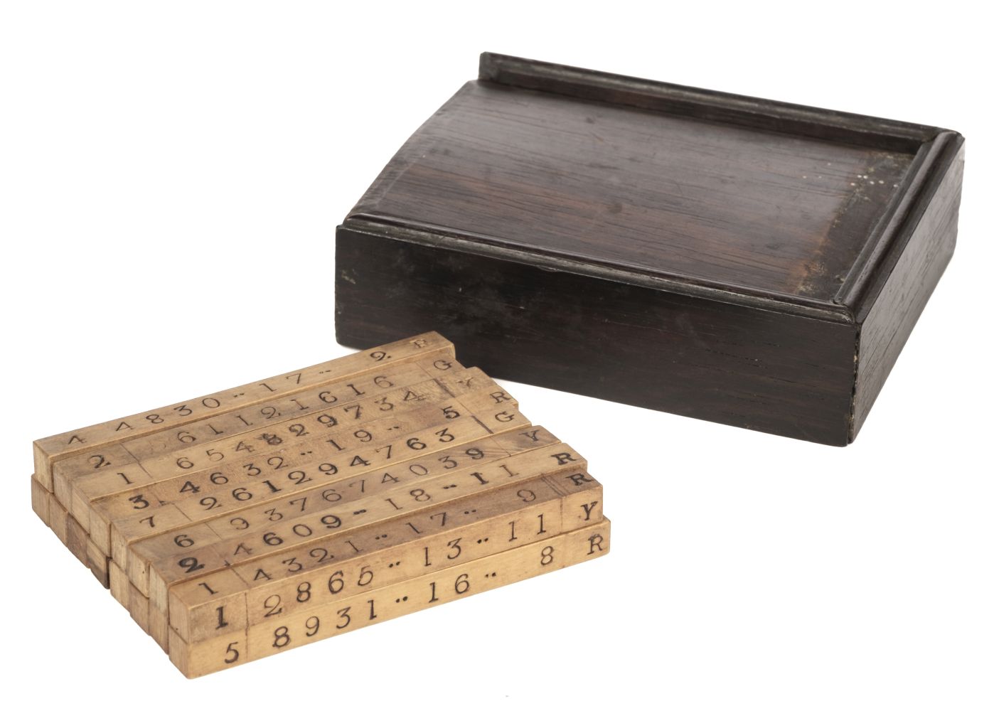 * Game. A boxed set of number and letter rods, early 19th century