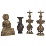 * Oriental. Chinese bronze candle stands and other items