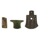 * Axe head. Two Chinese archaic bronze ritual axe head plus a Neolithic tool