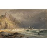 * English School. Shipwreck on the coast, with figures on the beach below cliffs, mid 19th century