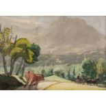 * Austrian School. Tyrolean landscape with cow following horse & cart down a country lane