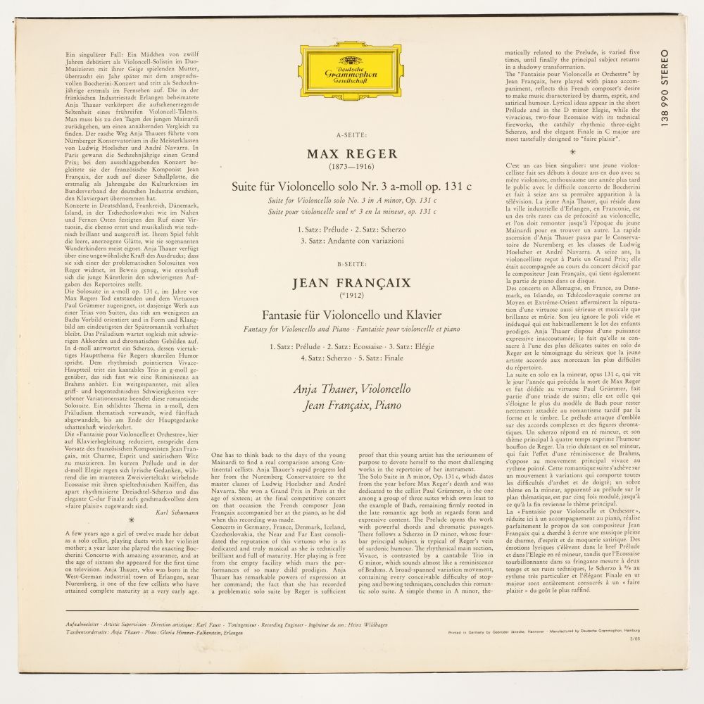 * Thauer (Anja). Rare original 1966 German stereo pressing of Deutsche Grammophon SLPM 138990, ED1 - Image 2 of 5