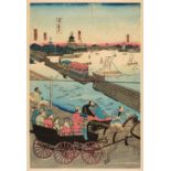 * Japanese School. Harbour scene with steam train and figures in a carriage, circa 1870