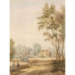 * Schouman (Martinus, 1770-1848). Dutch rural scene with wagon and figures among cornfields