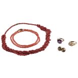 * Mixed Jewellery. Coral necklaces, gold rings and other items