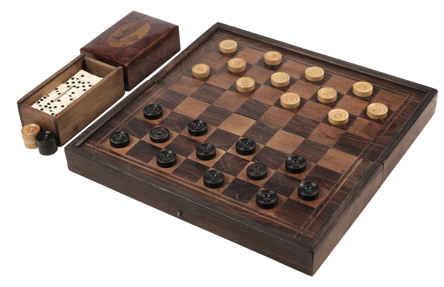 * Draughts. Victorian boxwood draughts and dominoes