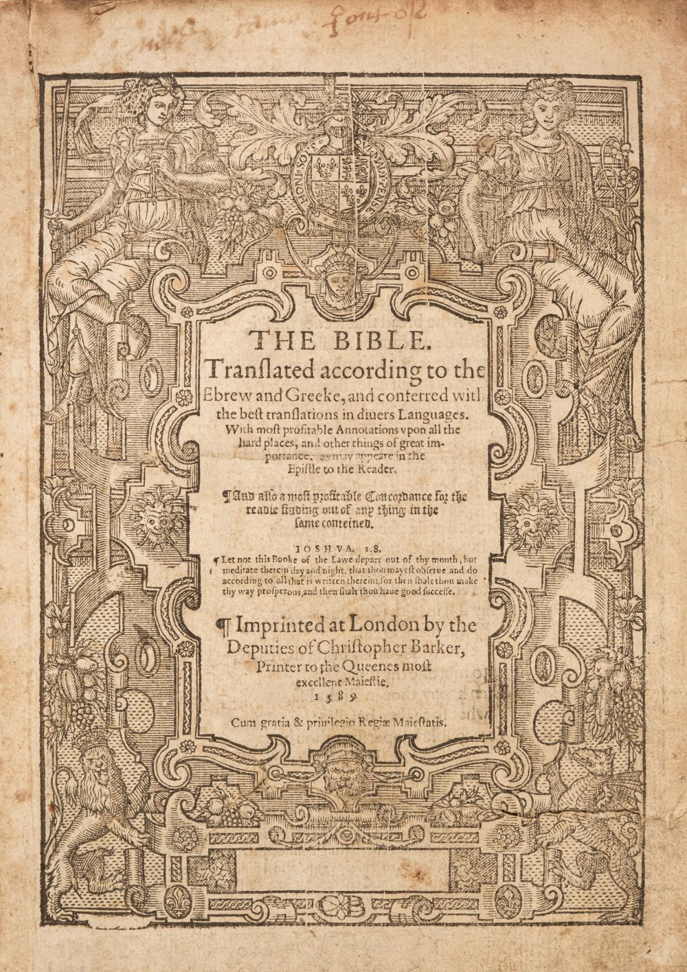 Bible [English]. The Bible. Translated according to the Ebrew and Greeke, 1589