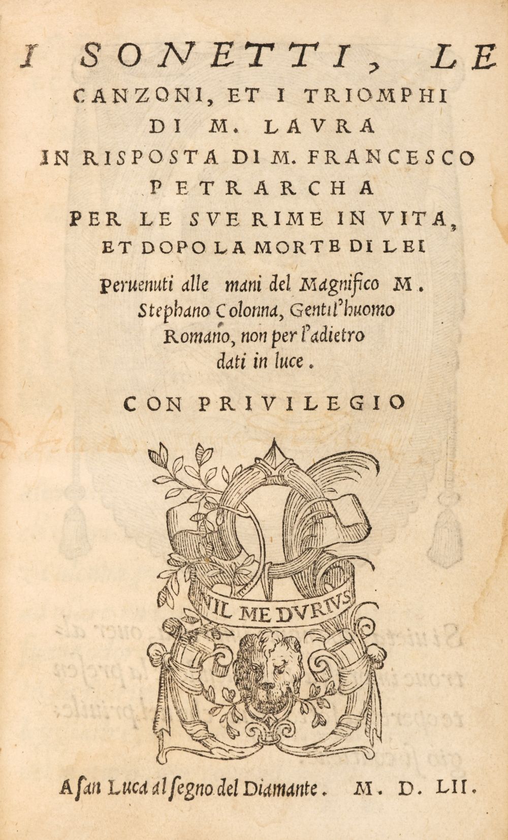 Colonna (Stefano). I sonetti, le canzoni, 1552