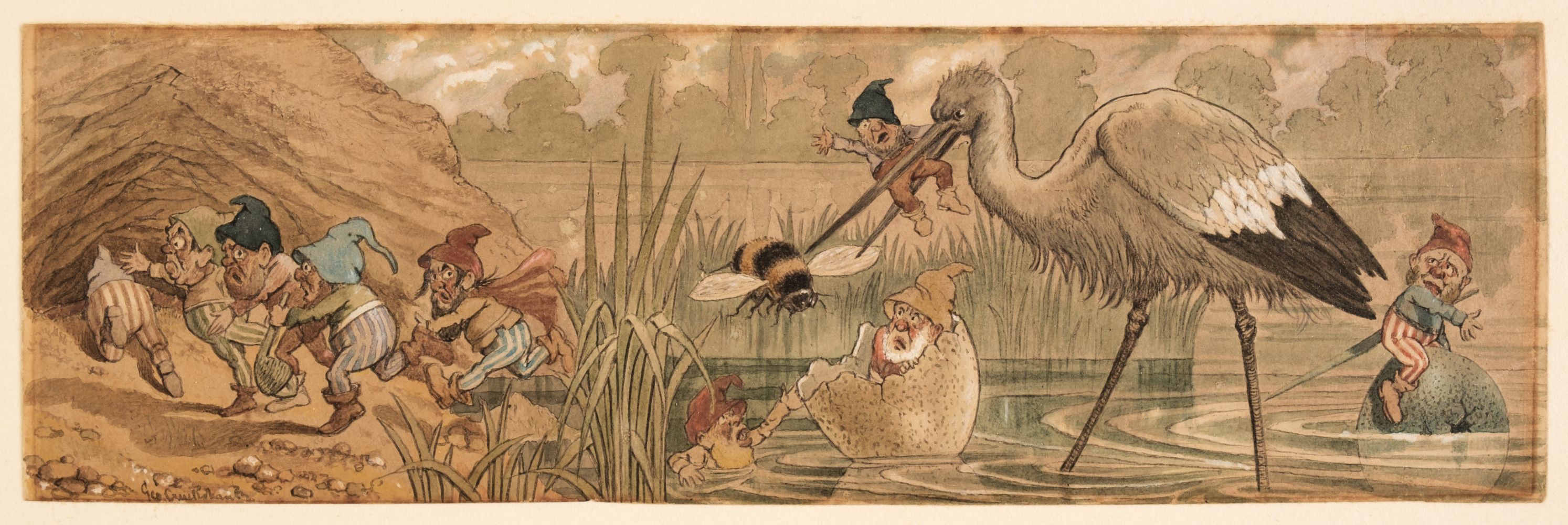 Cruikshank (George, 1792-1878). A fantasy scene of dwarves fleeing a heron