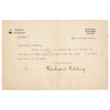 Kipling (Joseph Rudyard, 1865-1936). Typed letter signed, 1913