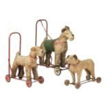 Toy animals on wheels. Pedigree Soft Toys push along terrier dog, late 1950s-early 1960s, & others
