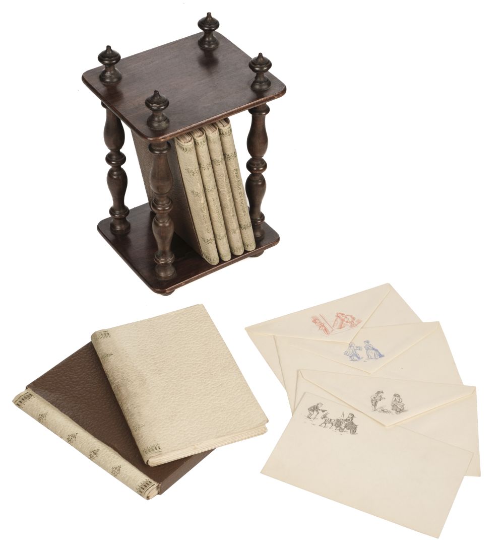 Stationery Set. A child's set of notecards and envelopes in wooden stand, circa 1890s