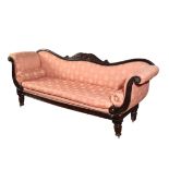 A WILLIAM IV CARVED AND STAINED WOOD AND UPHOLSTERED SOFA,