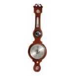 A MAHOGANY AND LINE INLAID WALL BAROMETER / THERMOMETER,