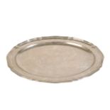 A CONTINENTAL SILVER COLOURED METAL OVAL SERVING PLATTER